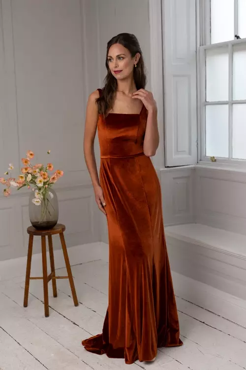 Zara M499V Elegant Slim Square Neck Velvet Dress True Bridesmaids